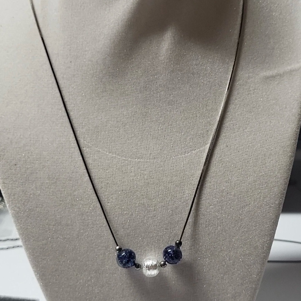 Sterling Silver Box Chain Necklace Glass Beaded Necklace Simple Necklace 16 In